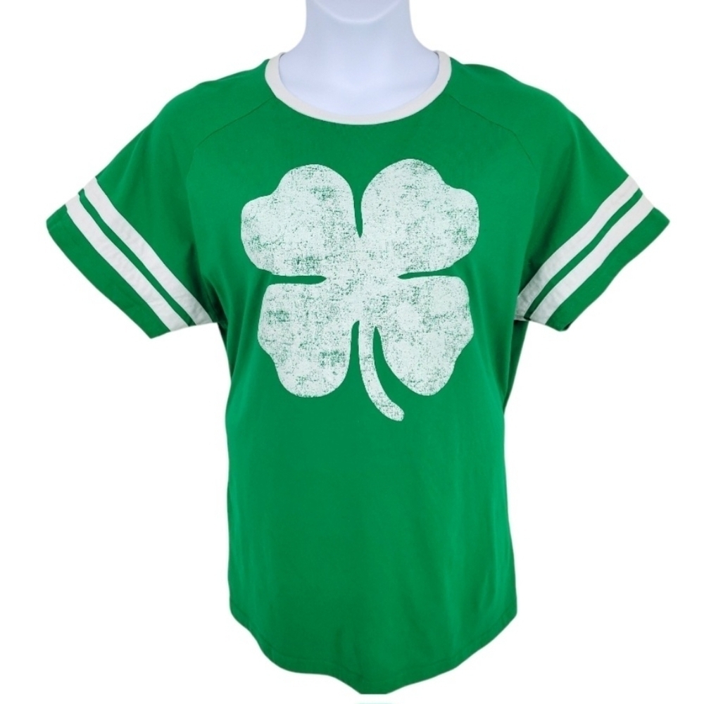 Celebrate! St Patricks Day Womens Green and White Faded 4 Leaf Clover Top SizeXL